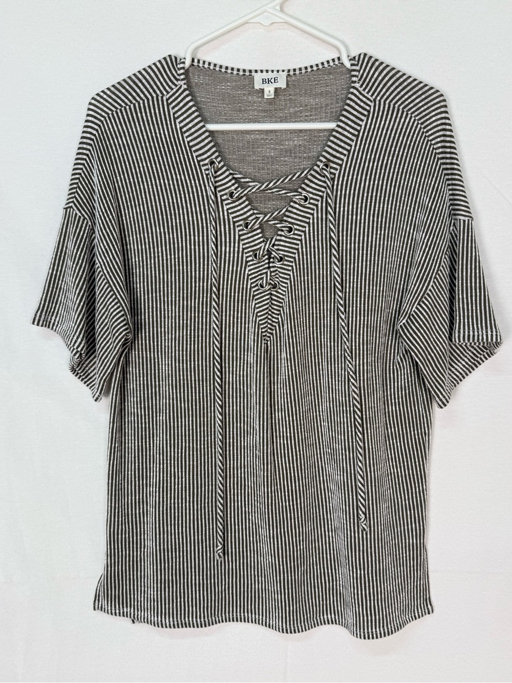 BKE Olive & White Vertical Stripe Lace-Up Short Sleeve Top